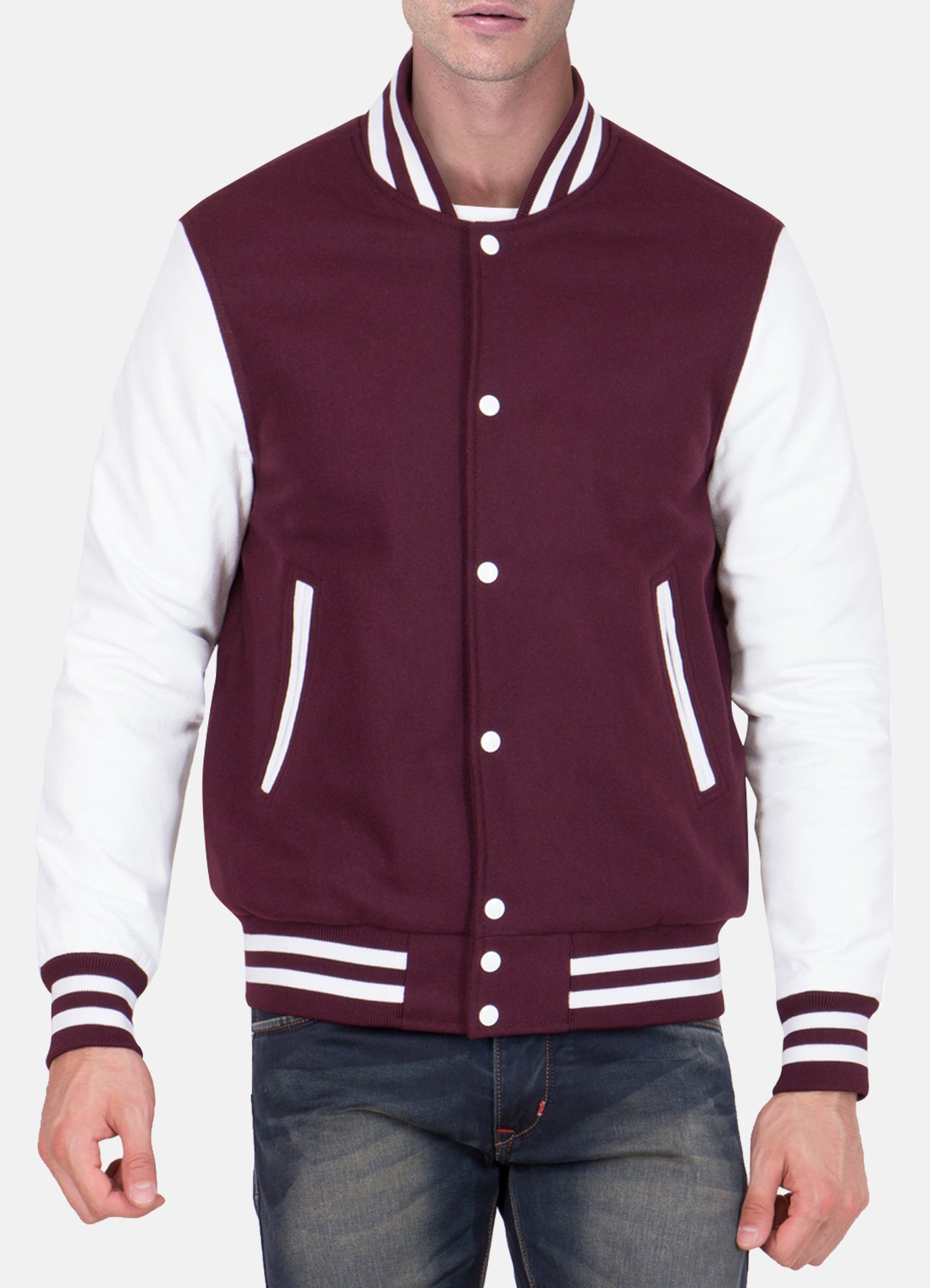 Mens Maroon and White Varsity Jacket