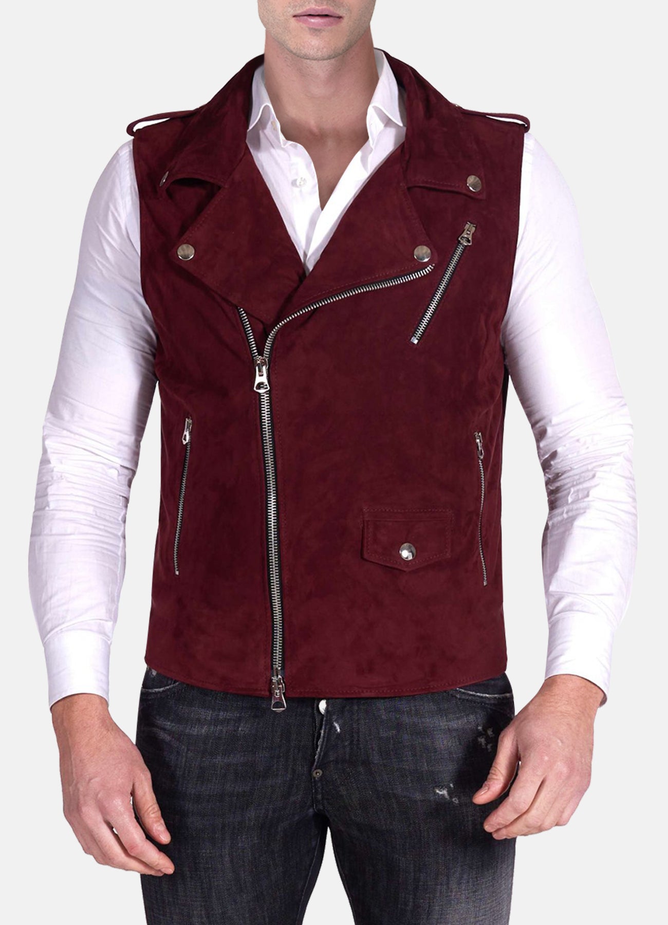 Mens Maroon Biker Suede Leather Vest