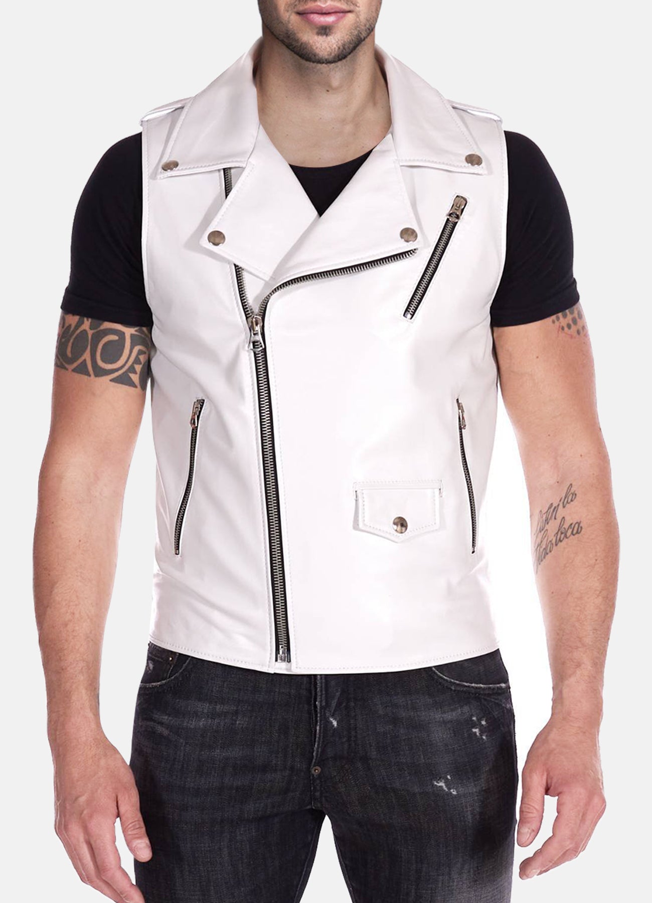 Mens White Perfecto Biker Leather Vest