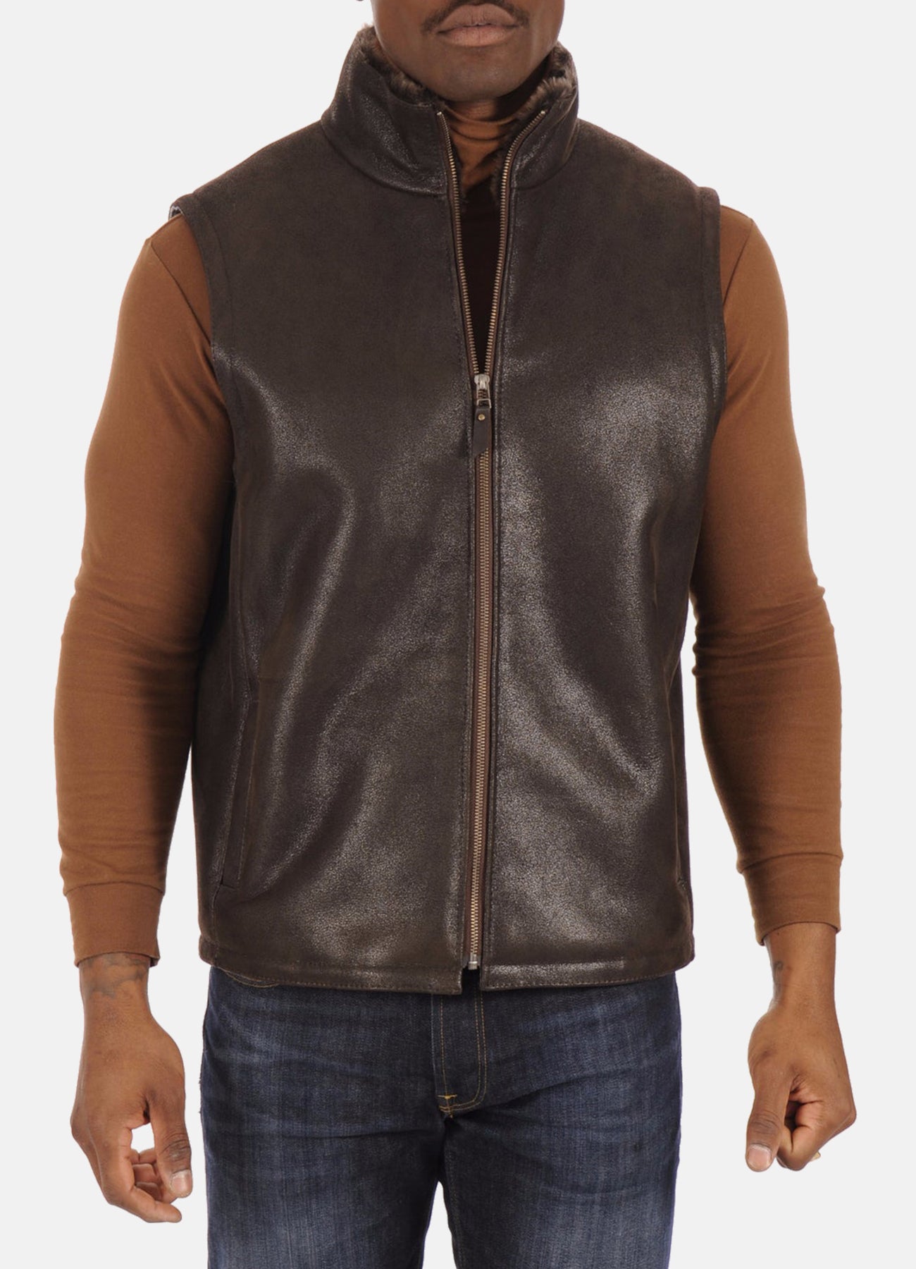 Mens Brown Real Shearling Leather Vest