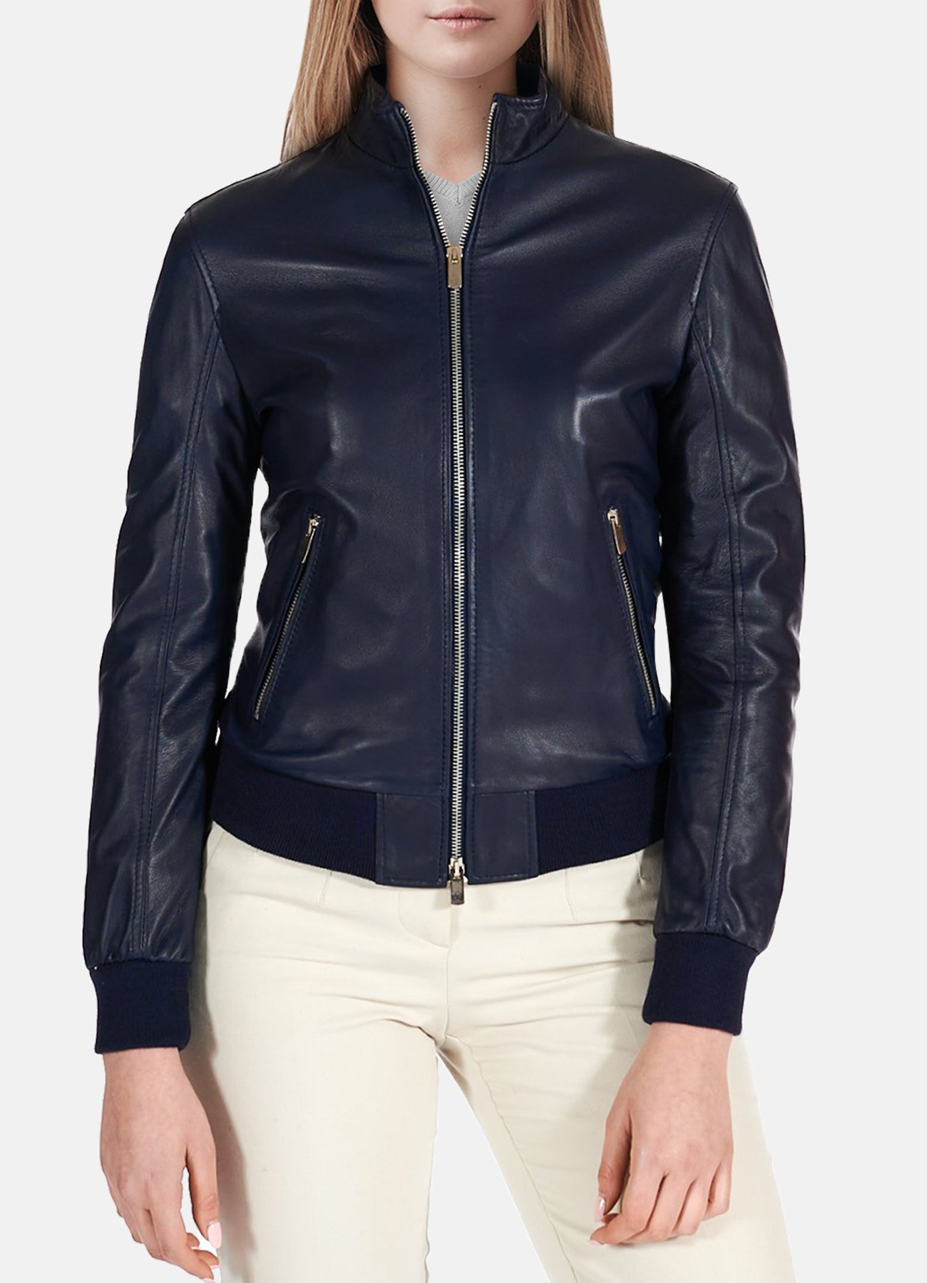 Womens Navy Blue Bomber Leather Jacket