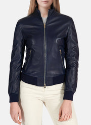 Womens Navy Blue Bomber Leather Jacket