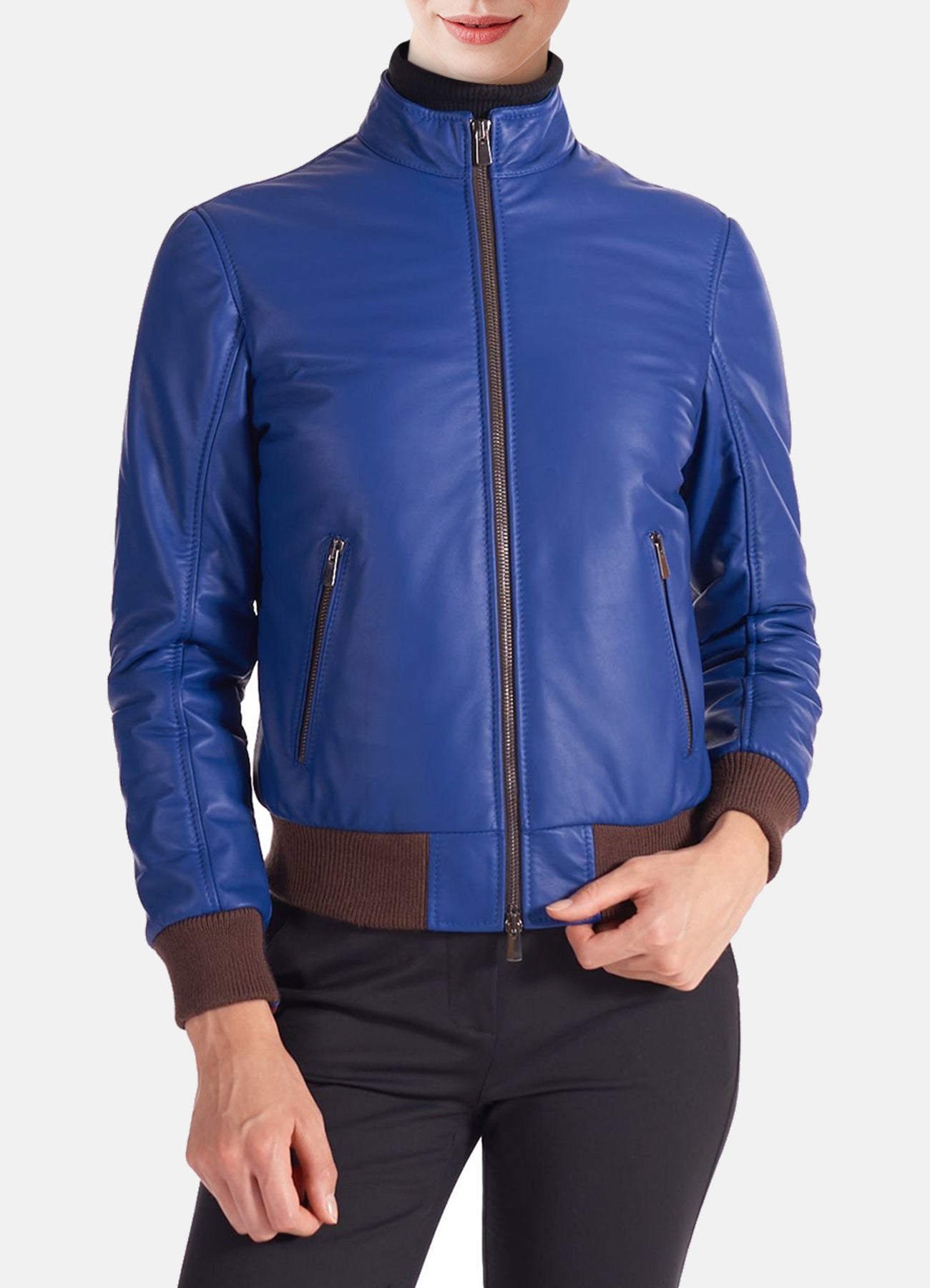 Womens Classic Blue Leather Bomber Jacket