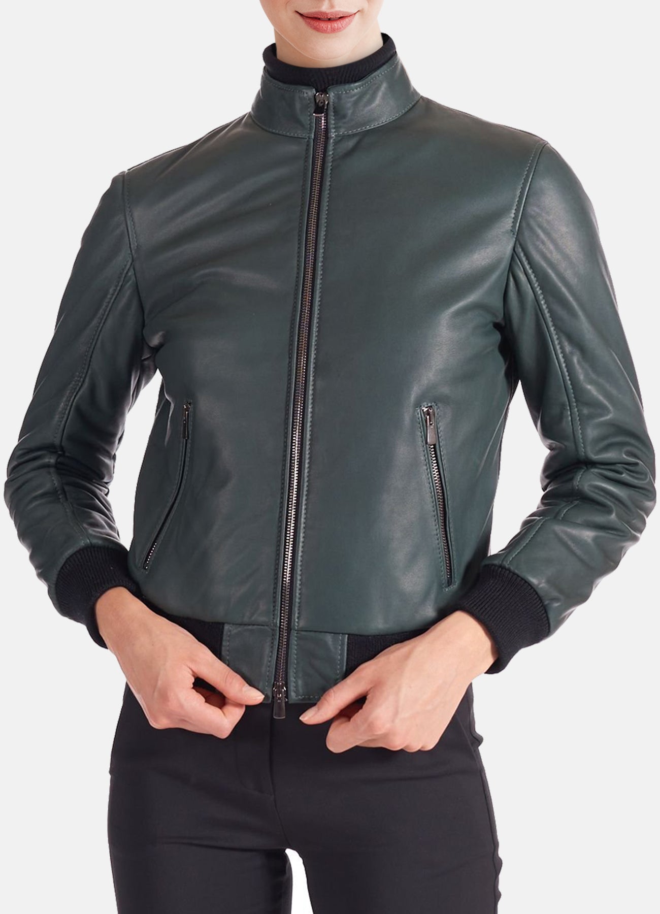 Womens Slimfit Green Leather Bomber Jacket