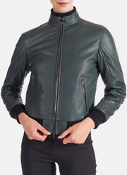 Womens Slimfit Green Leather Bomber Jacket