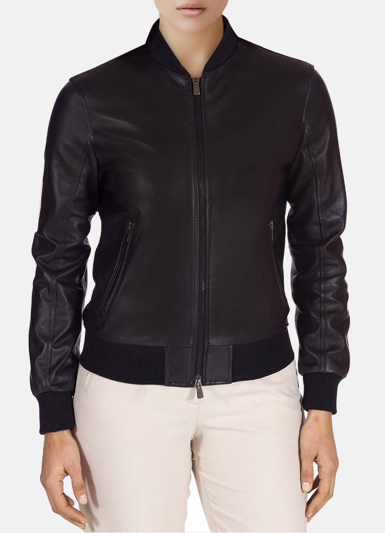 Womens Matt Black Bomber Leather Jacket