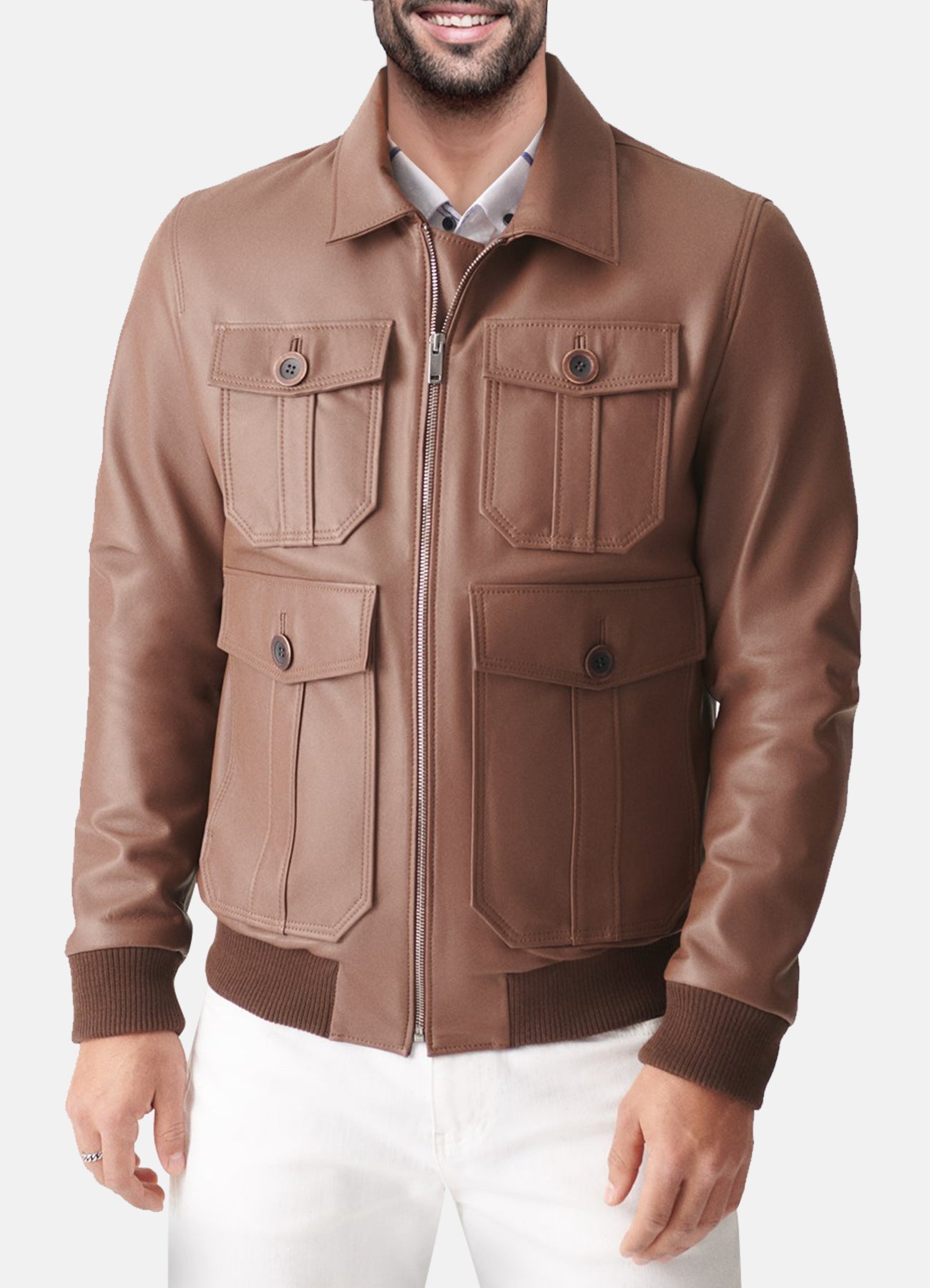 Mens Tan Four Pocket Style Leather Jacket
