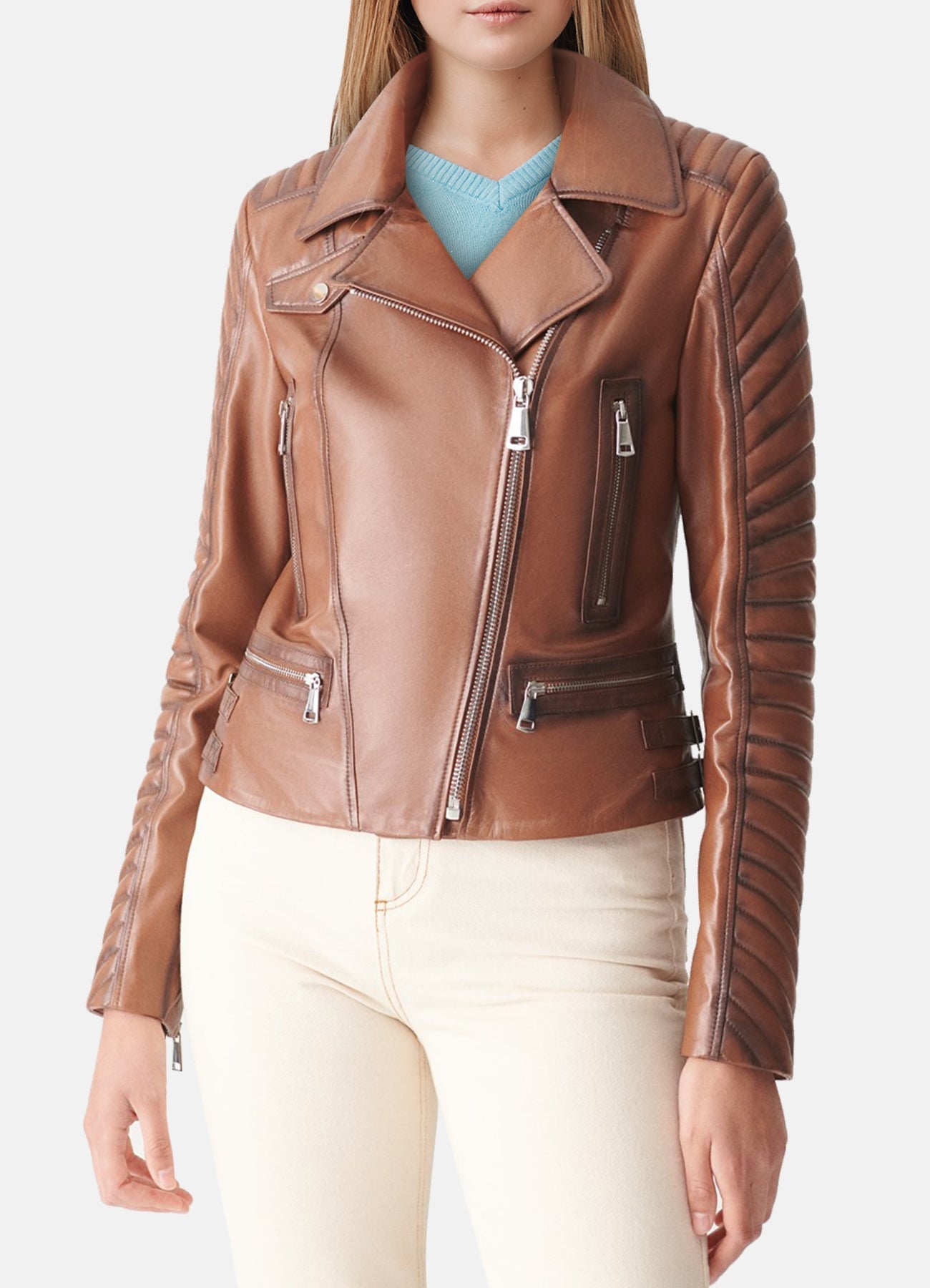 Womens Padded Brown Biker Leather Jacket