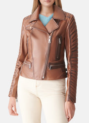 Womens Padded Brown Biker Leather Jacket