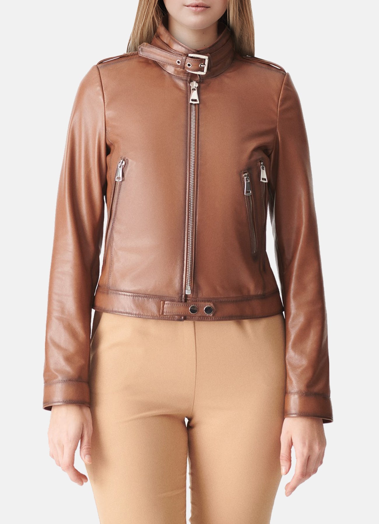 Womens Slimfit Brown Biker Leather Jacket