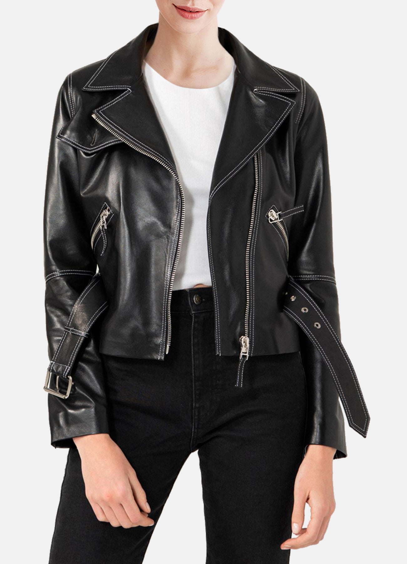 Womens White Stitched Black Biker Leather Jacket