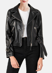 Womens White Stitched Black Biker Leather Jacket