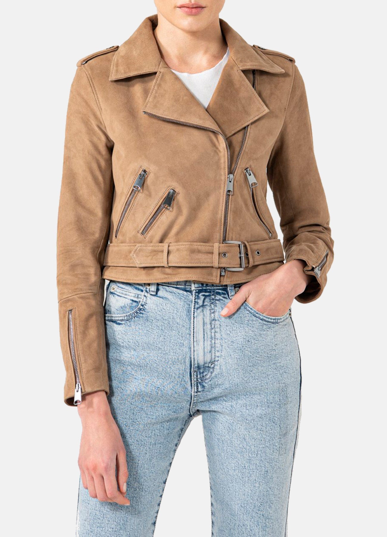 Womens Camel Suede Biker Leather Jacket
