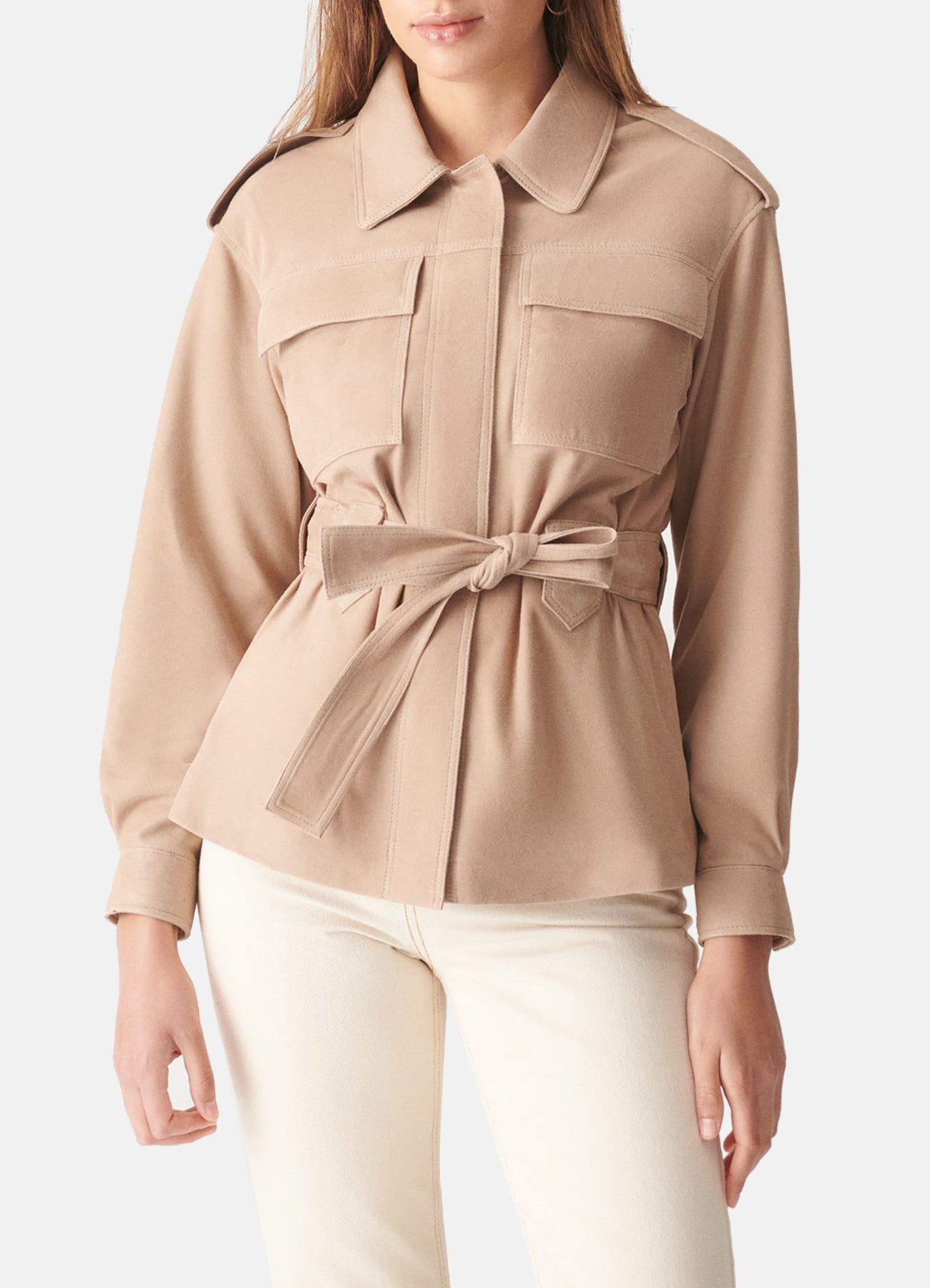 Womens Beige Long Length Suede Leather Jacket