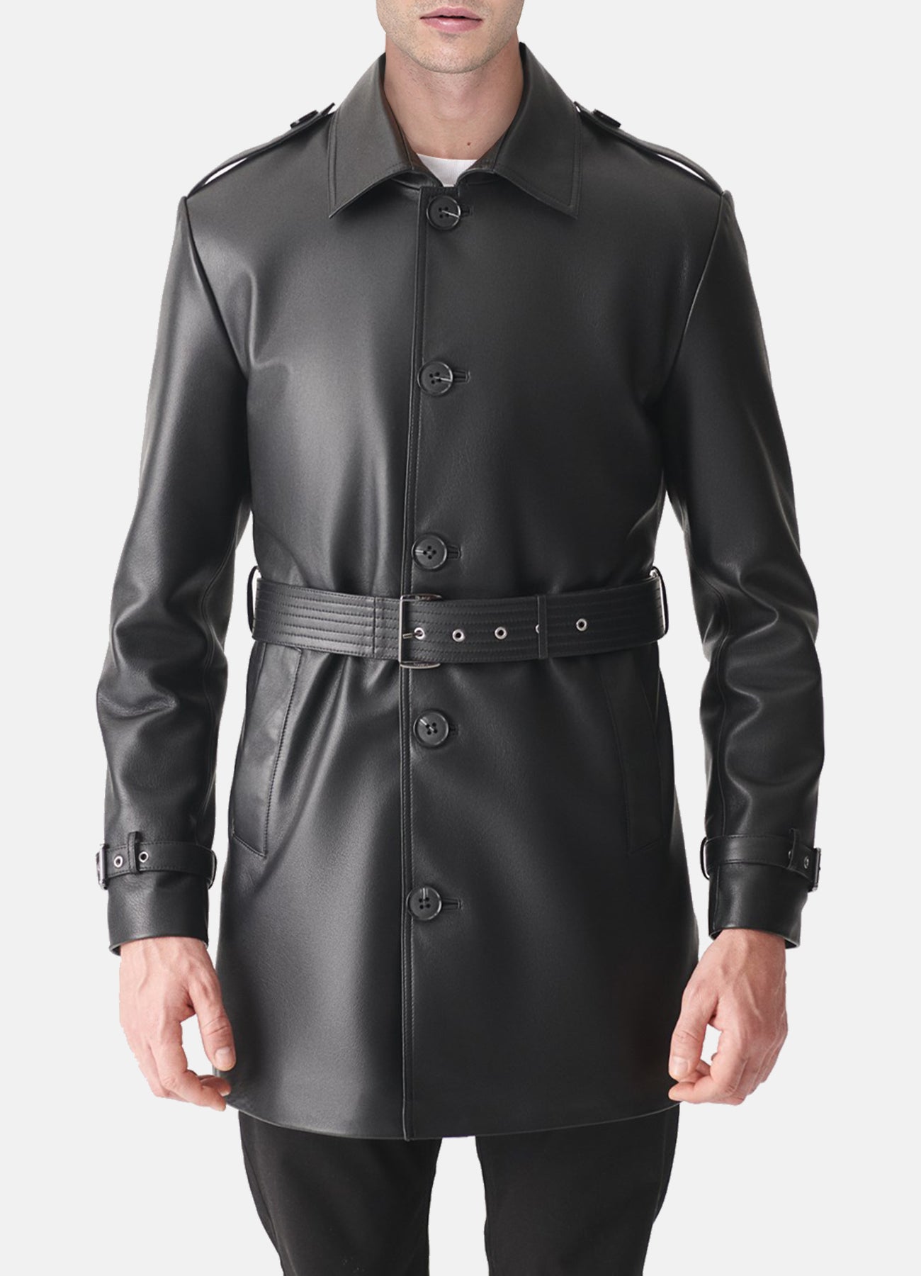 Mens Black Mid-Length Leather Coat