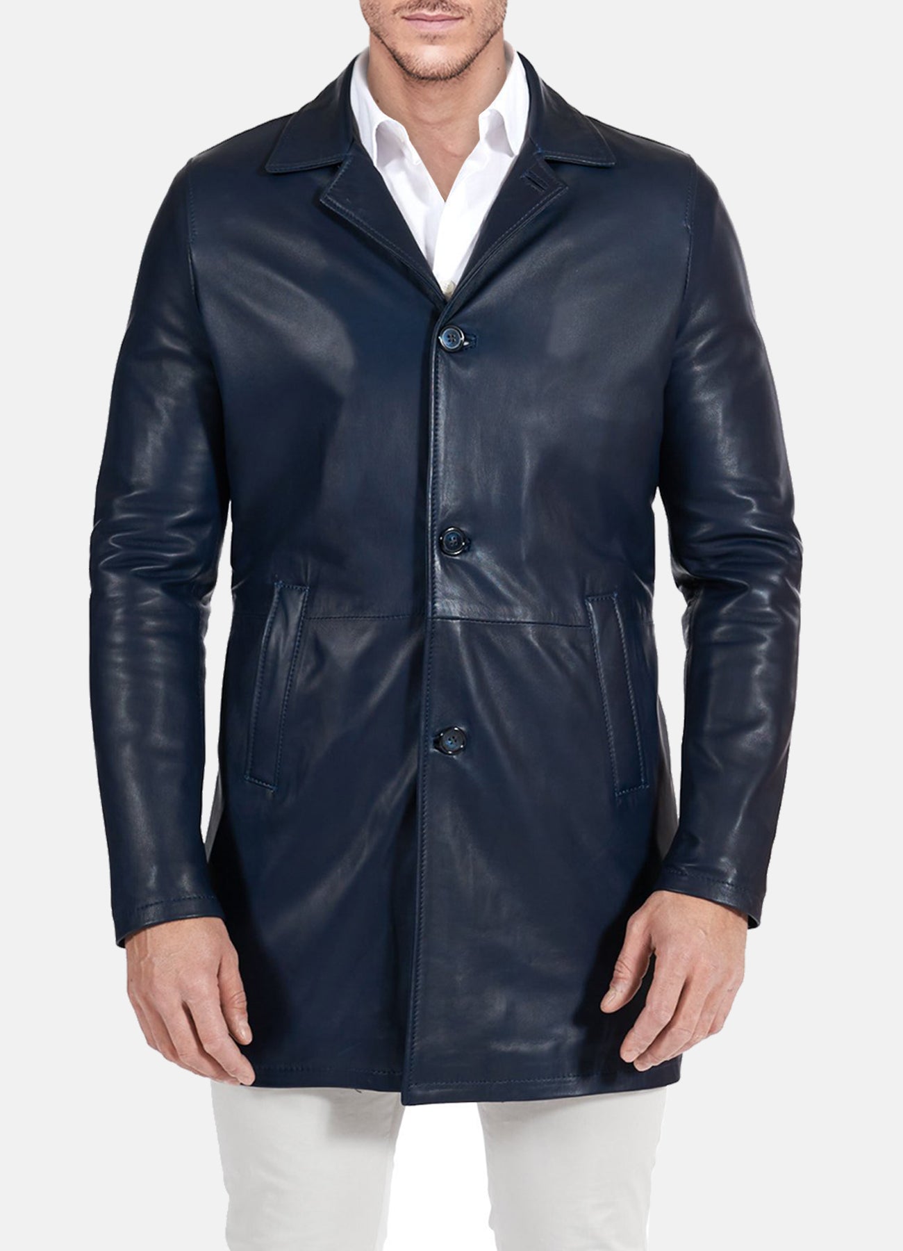 Mens Casual Blue Mid-Length Leather Coat
