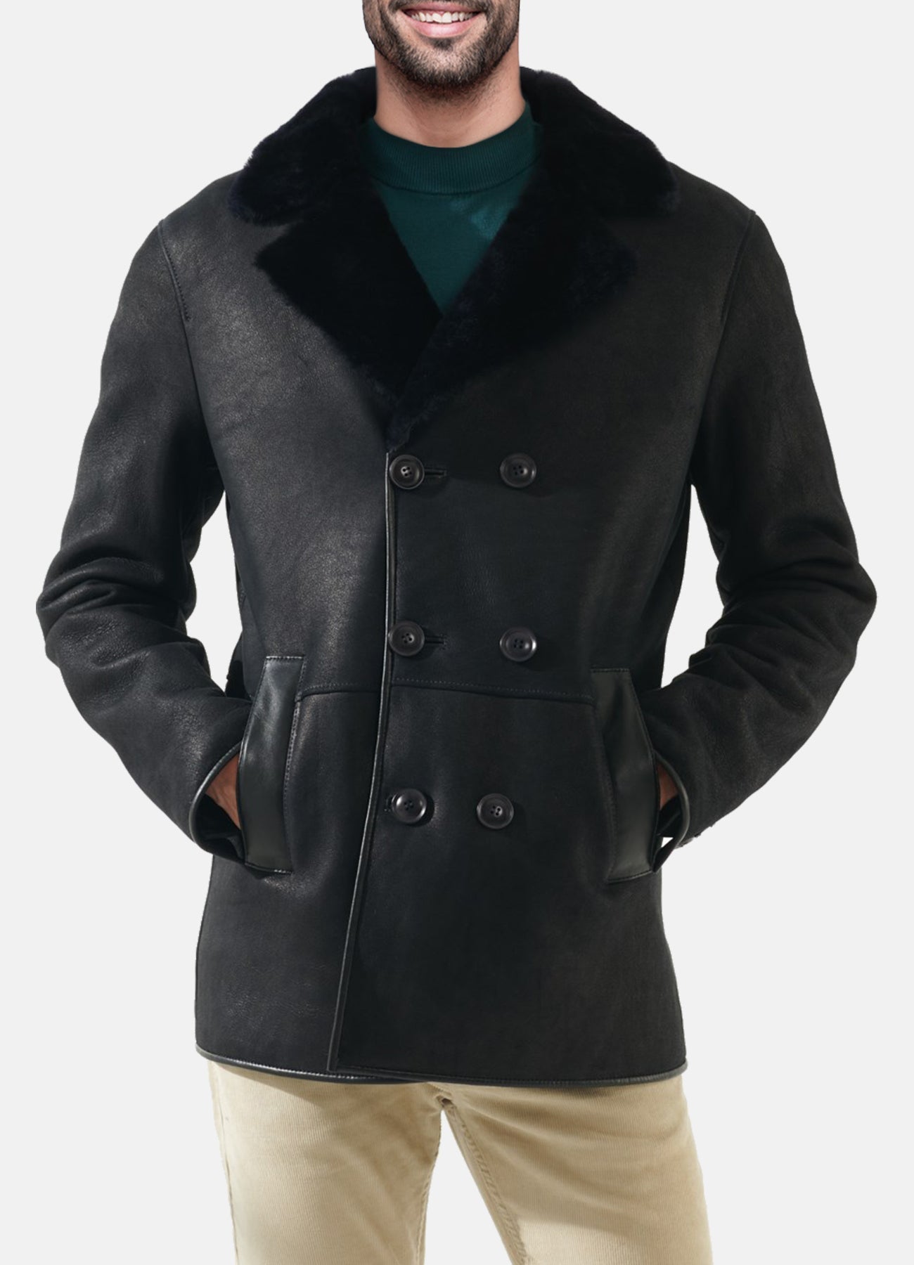 Mens Matt Black Shearling Leather Coat
