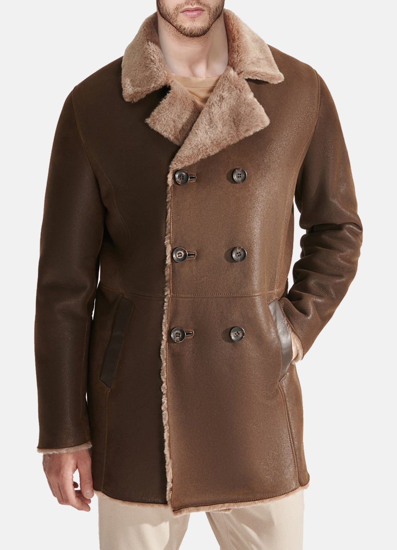 Mens Modern Brown Shearling Leather Coat