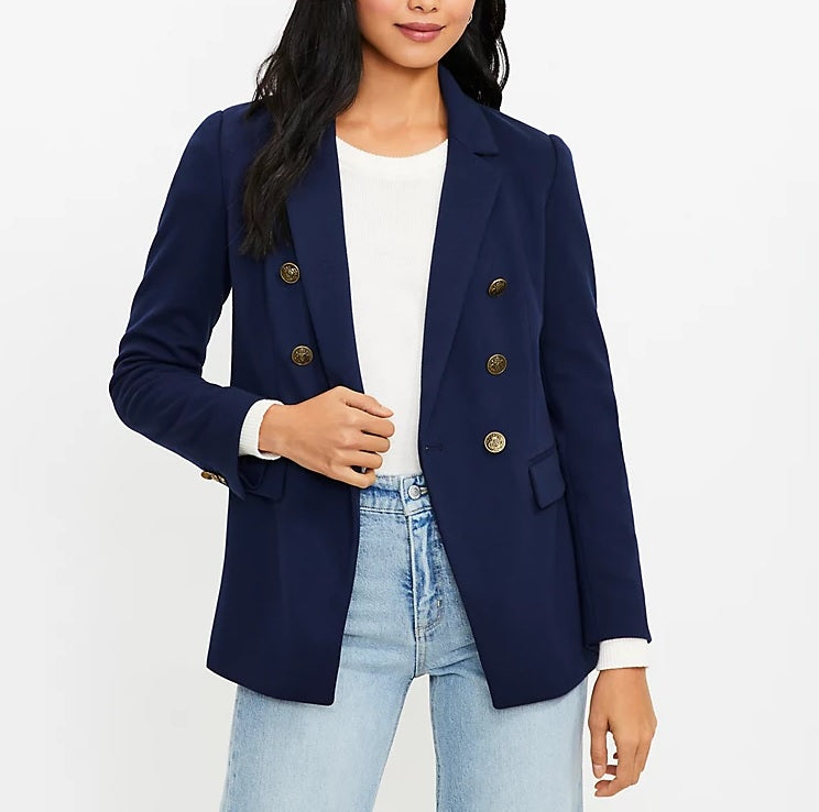 Women Preppy Navy Petite Knit Double Breasted Blazer