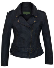 Women’s Navy Blue Leather Biker Jacket