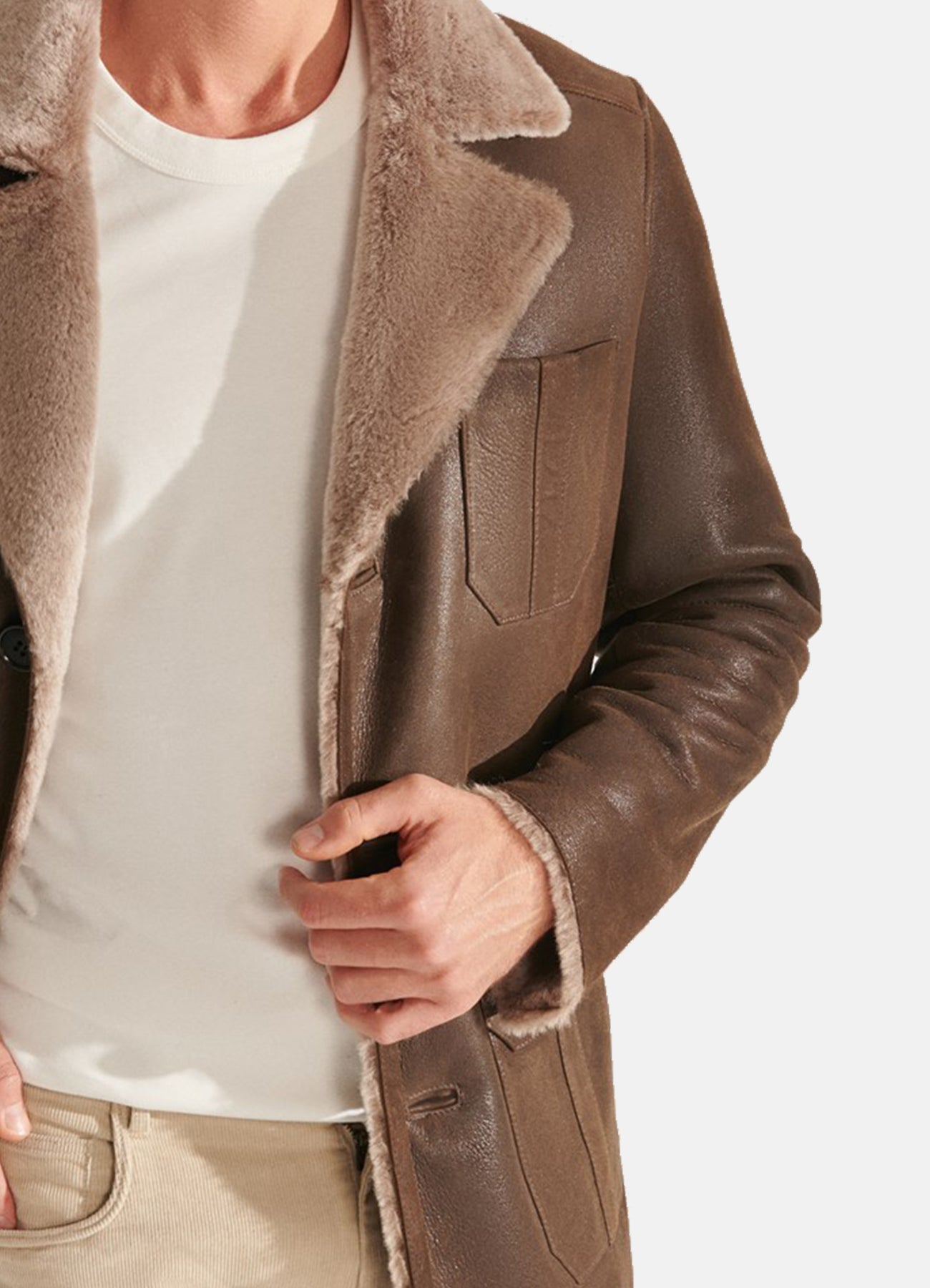 Mens Luxurious Brown Shearling Leather Coat