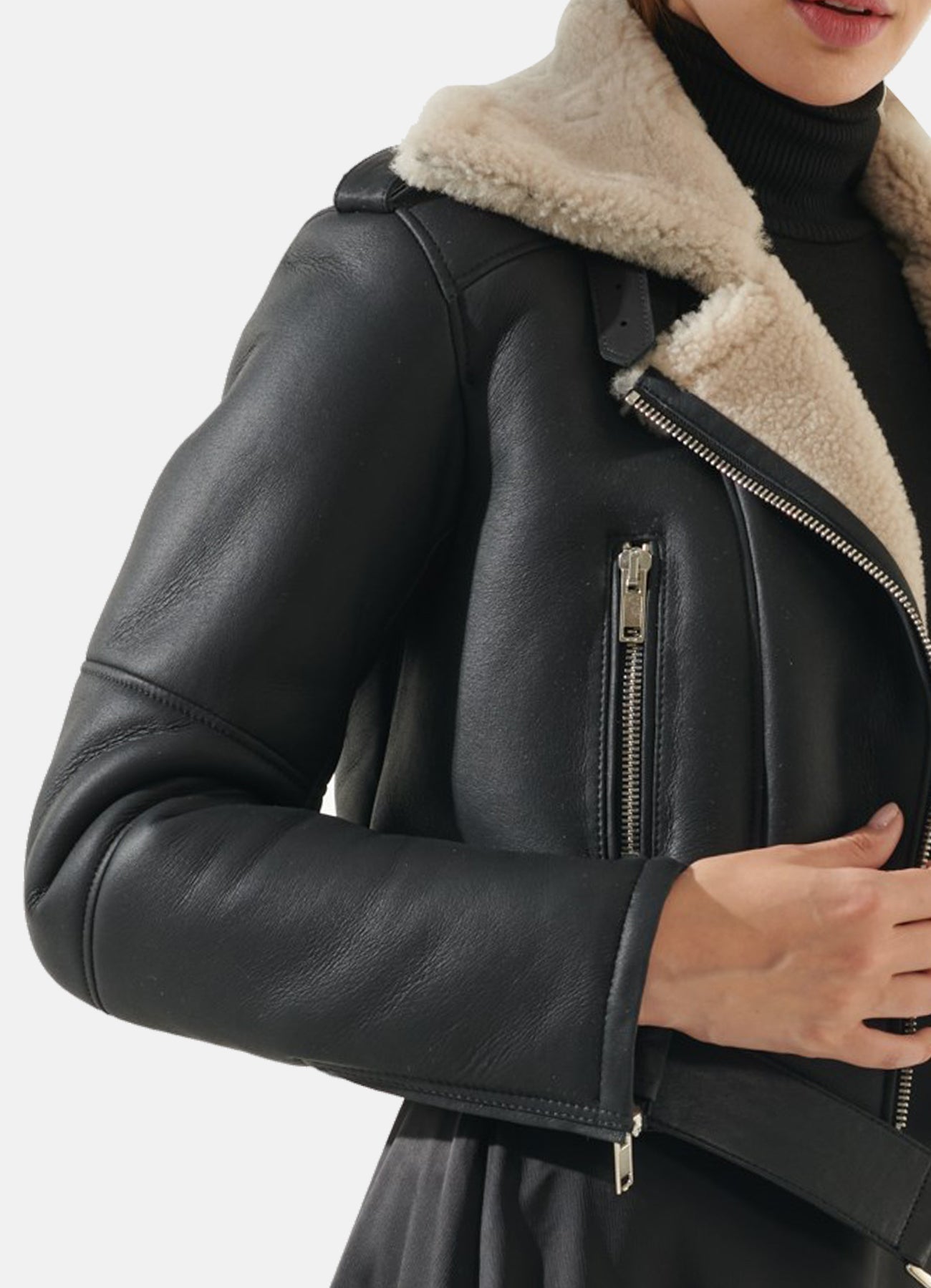 Womens Black Short Length Shearling Leather Jacket