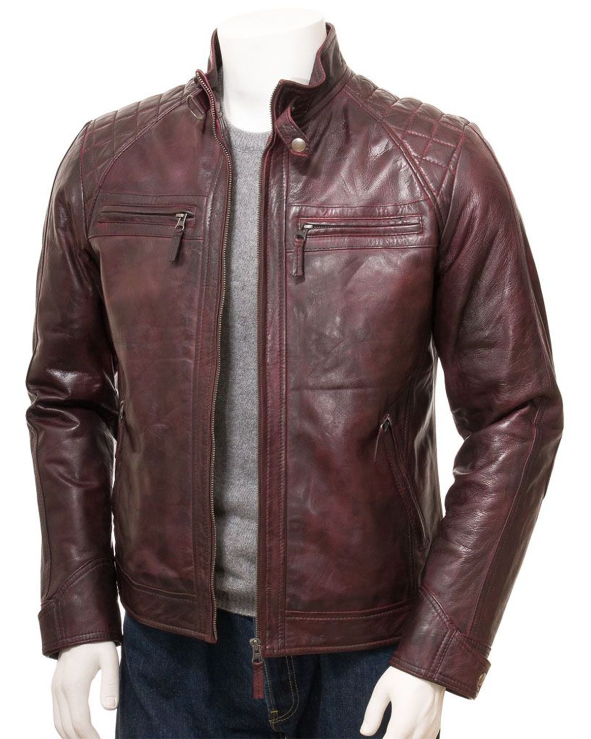 Men's Oxblood Quilted Shoulder Cafe Racer Biker Real Leather Jacket