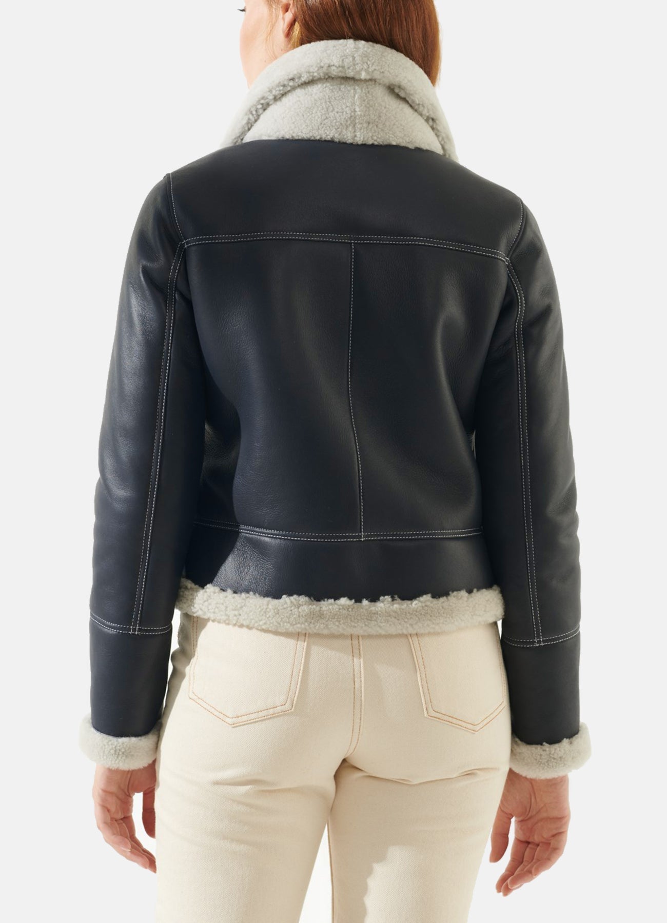 Womens Navy Blue Shearling Leather Jacket