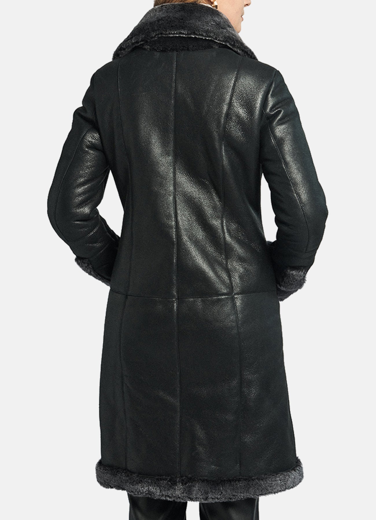 Womens Shiny Black Shearling Leather Coat