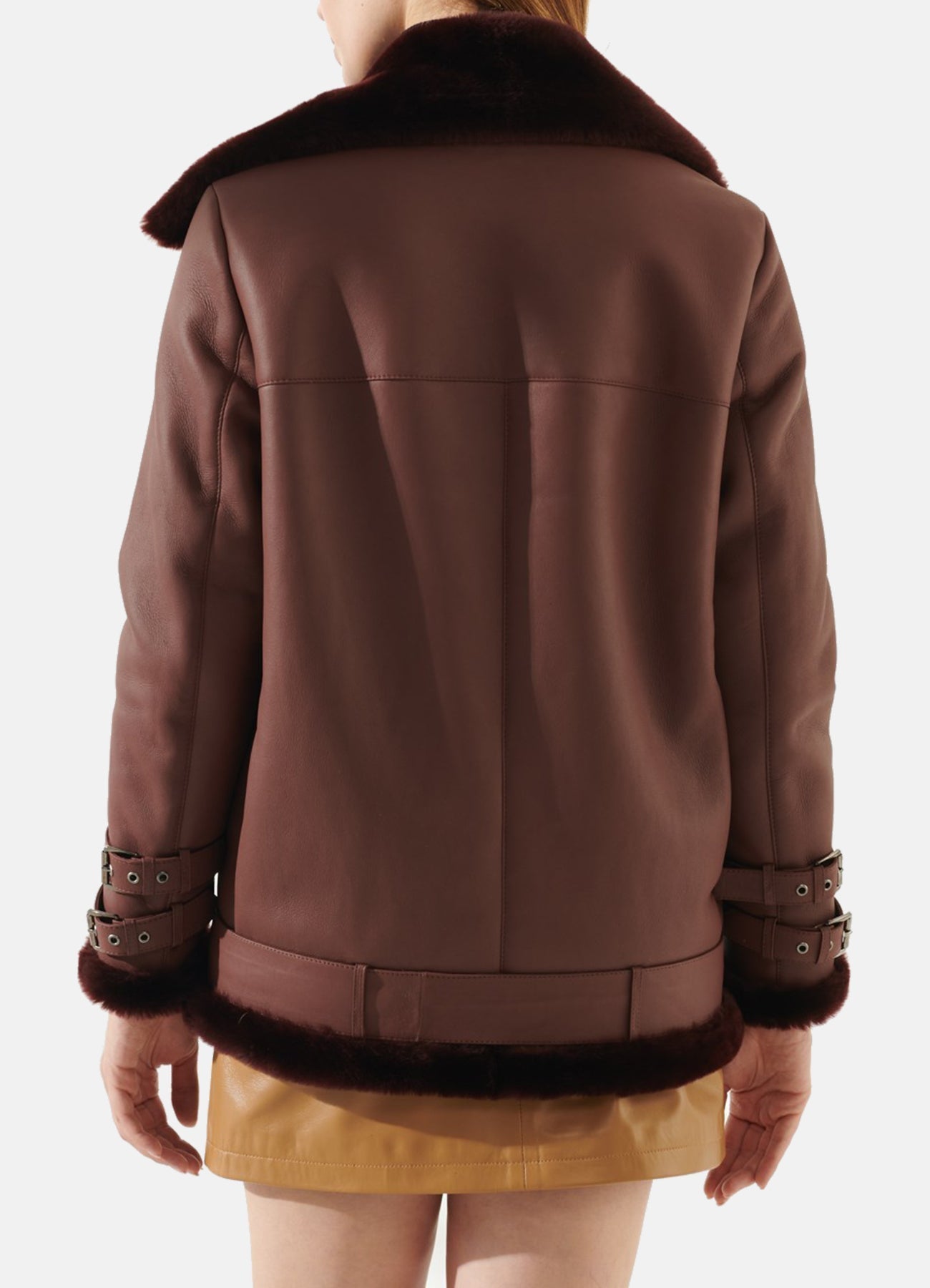 Womens Maroon Oversized Shearling Leather Jacket