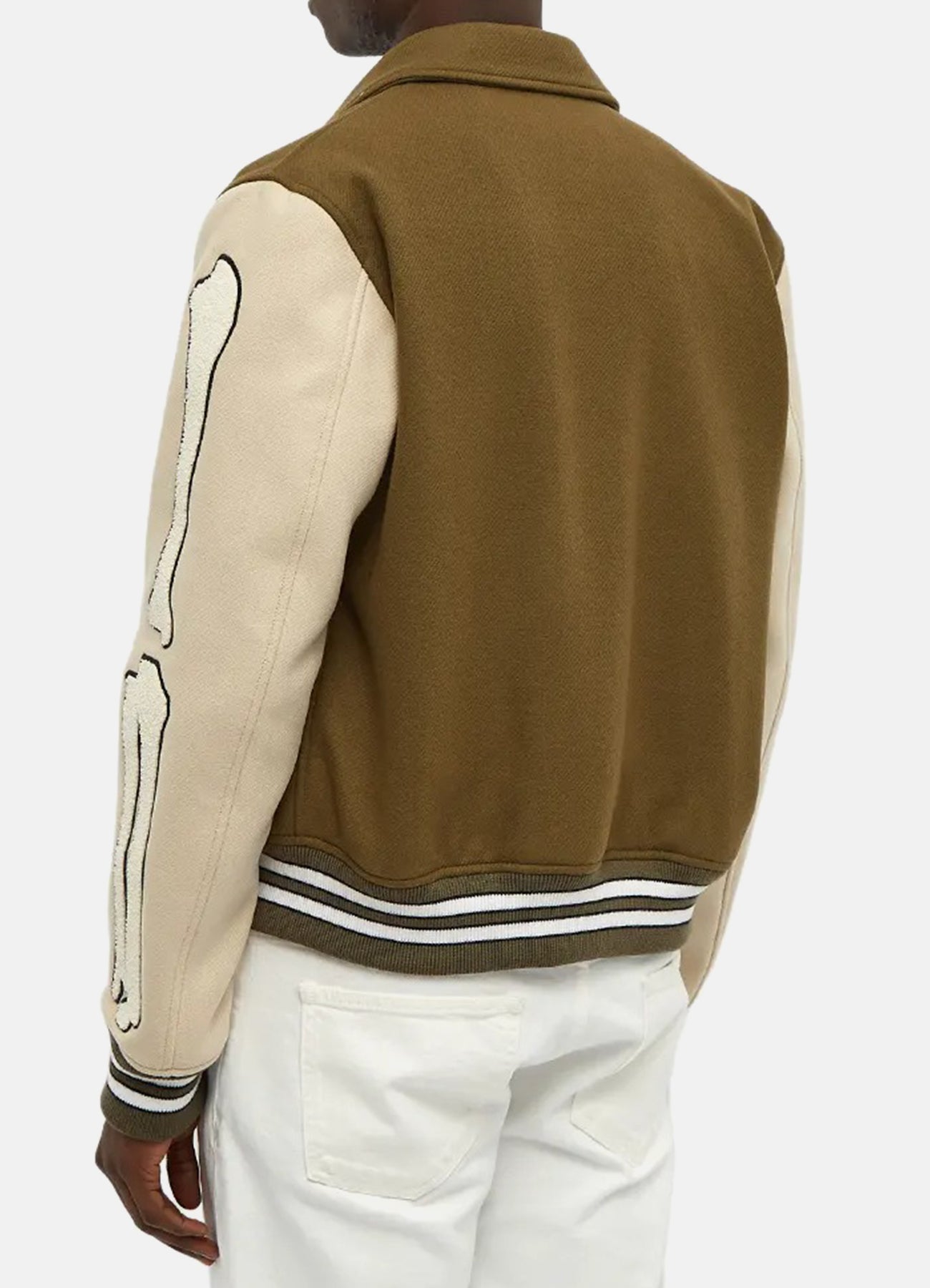 Mens Olive Green and Beige Bone Design Varsity Jacket