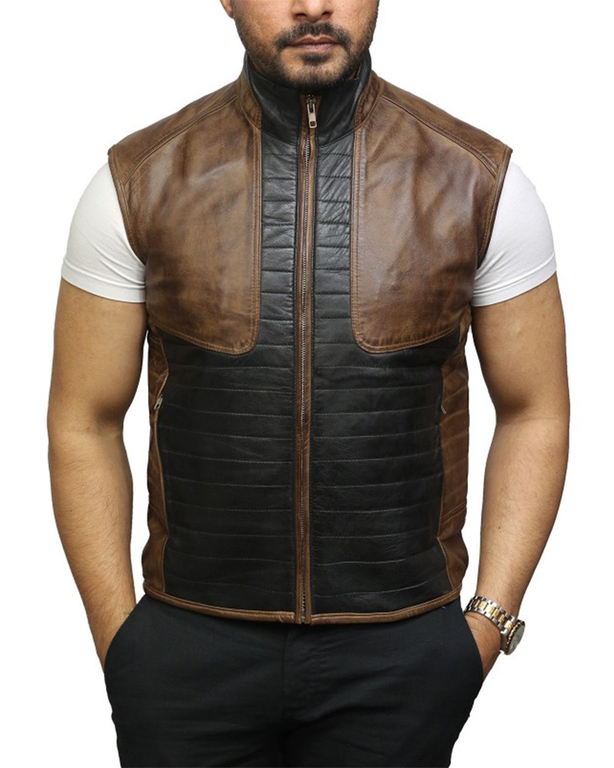 Men's Black and Brown Body Warmer Leather Vest