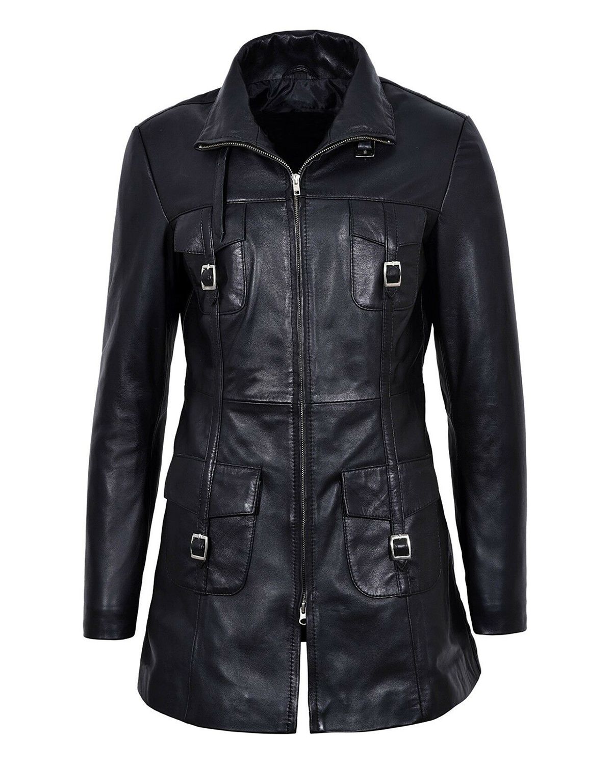Women's Gothic Style Mid Length Real Sheepskin Leather Coat