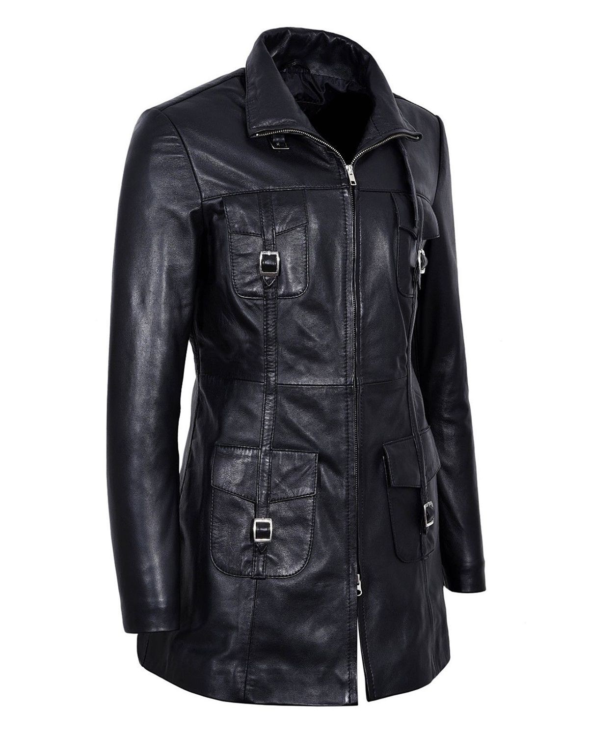 Women's Gothic Style Mid Length Real Sheepskin Leather Coat