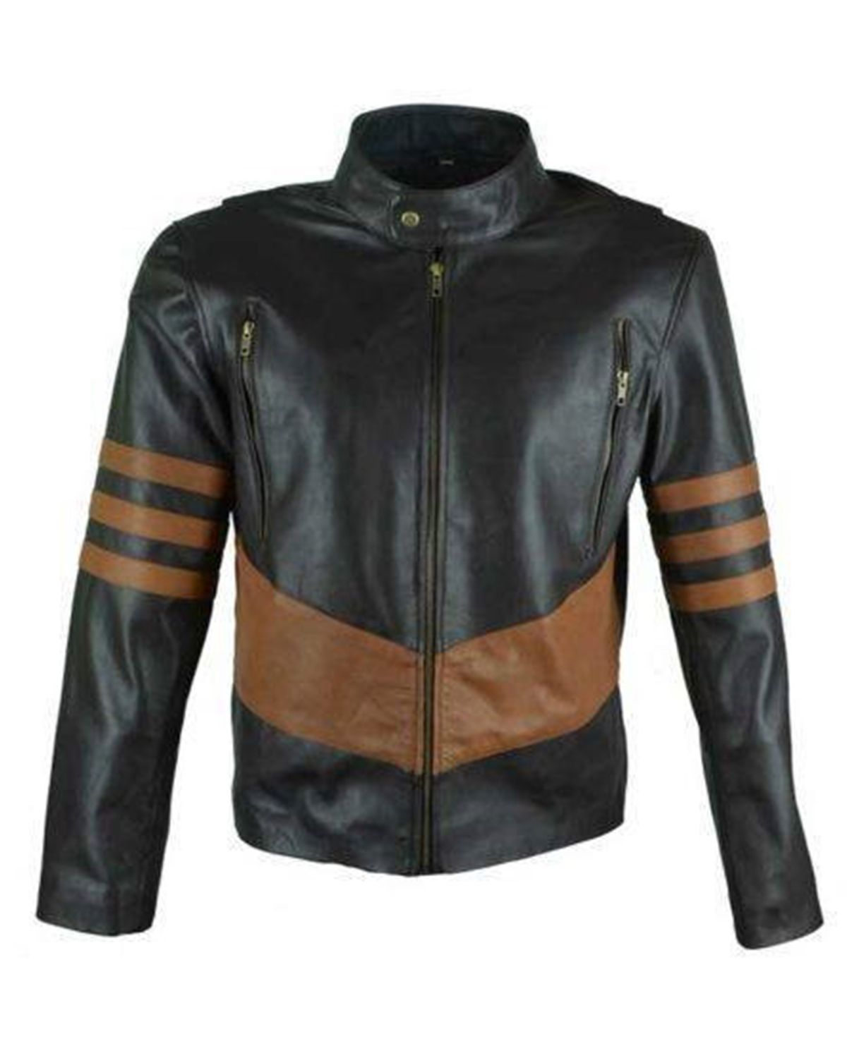 Men's Black Cafe Racer With Brown Stripes Leather Jacket