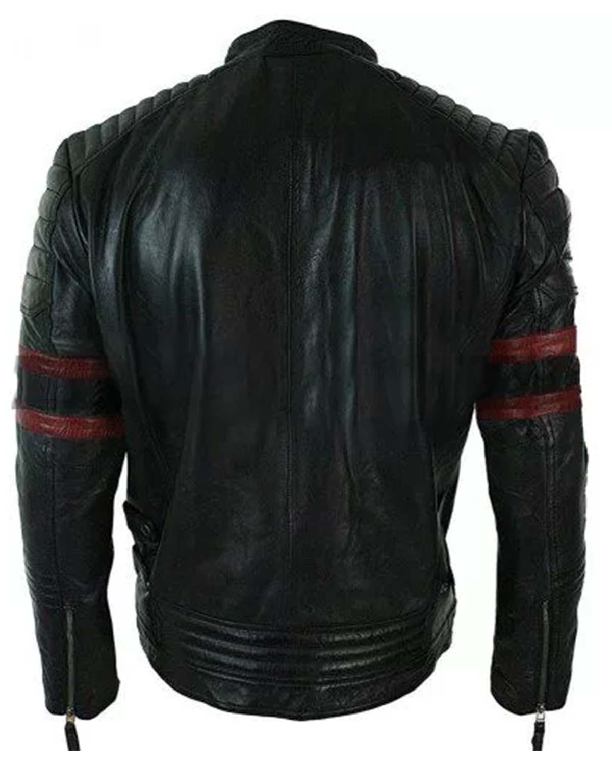 Cafe Racer Retro Biker Red & Black Stripe Motorcycle Leather Jacket