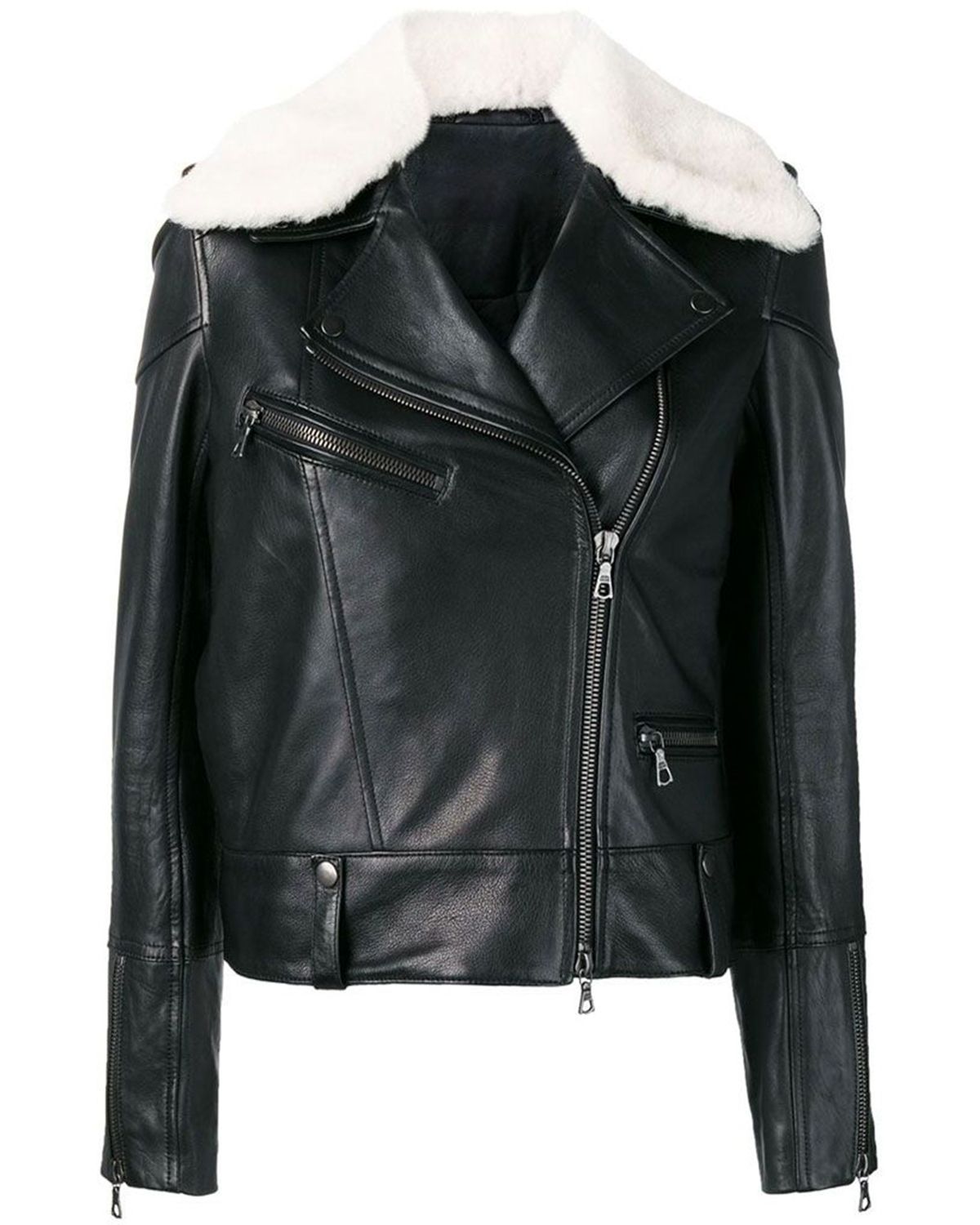 Womens Fur Collar Black Aviator Biker Style Leather Jacket