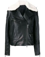 Womens Fur Collar Black Aviator Biker Style Leather Jacket