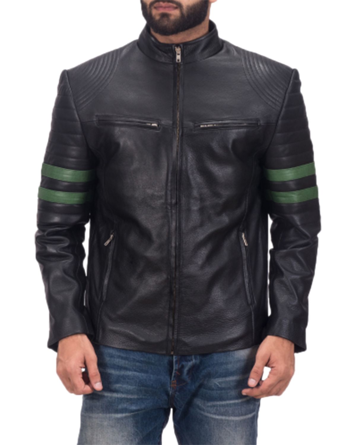 Men's Black Biker With Green Stripes Leather Jacket