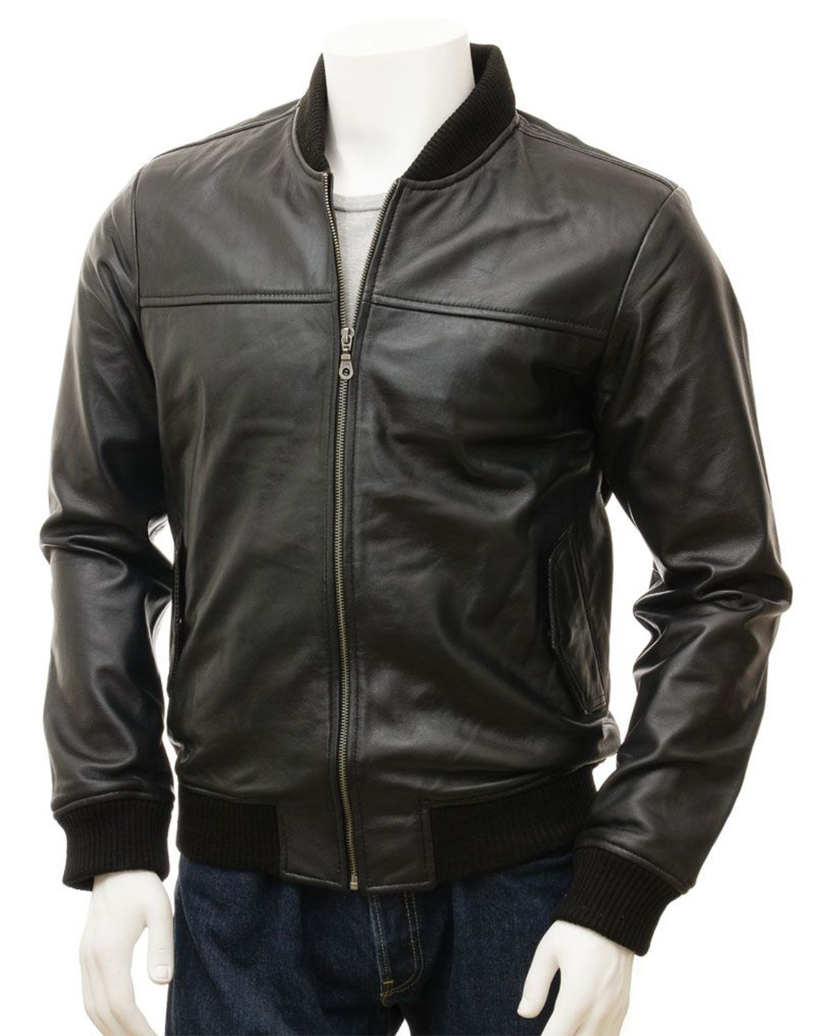 Men's Black Classic Leather Bomber Jacket