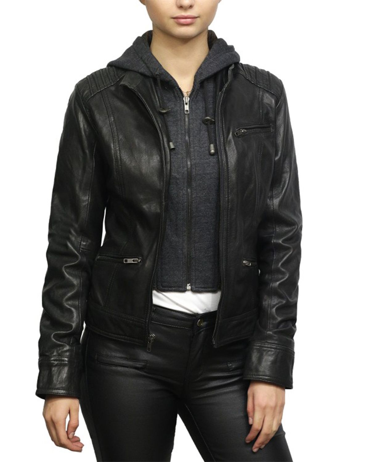 Women's Short Hooded Leather Biker Jacket