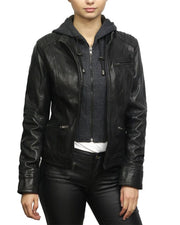 Women's Short Hooded Leather Biker Jacket