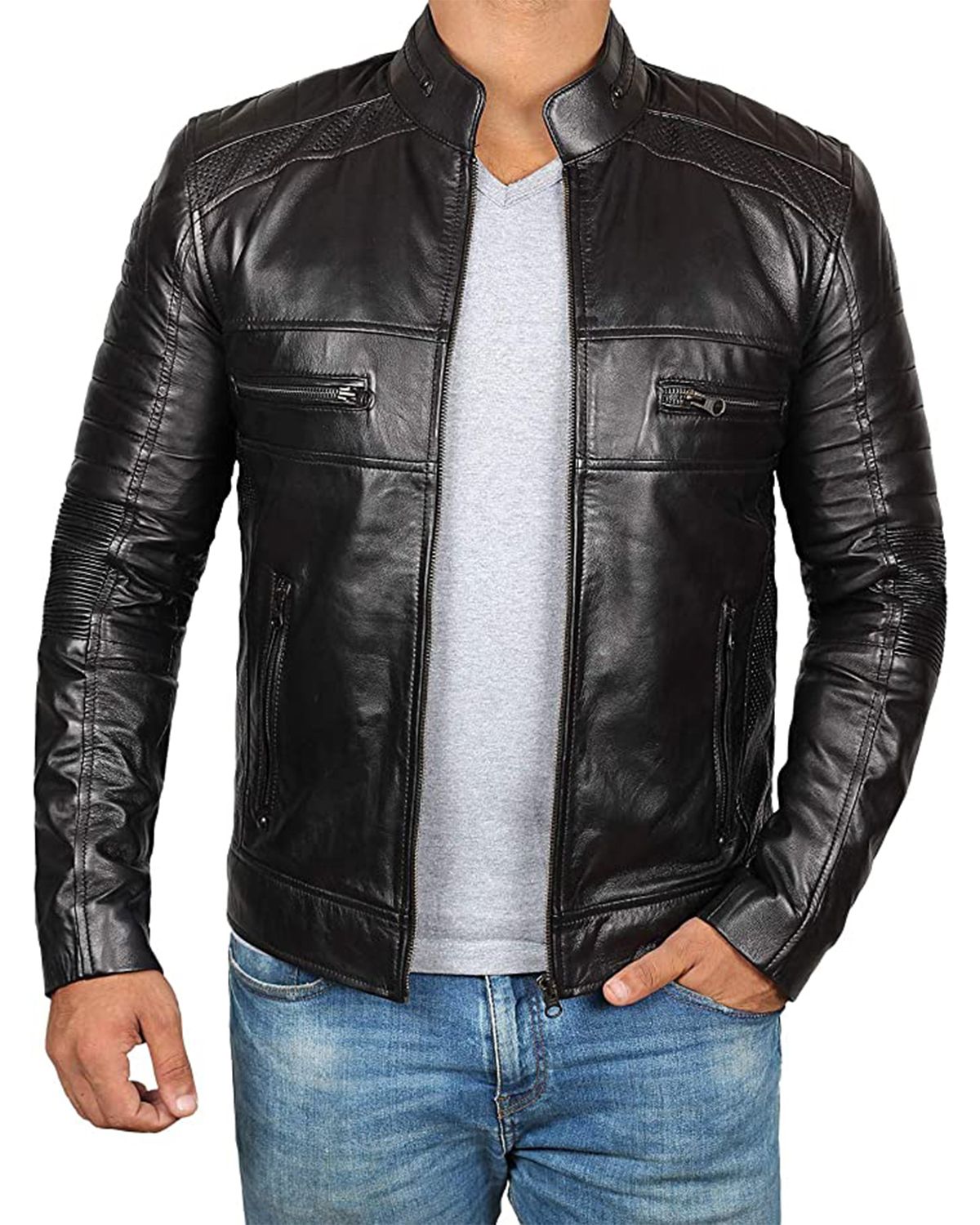 Men's Classic Cafe Racer Motorcycle Real Leather Jacket