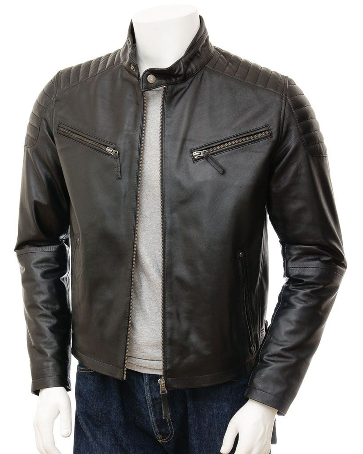 Men's Quilted Shoulder Classic Cafe Racer Motorcycle Jacket