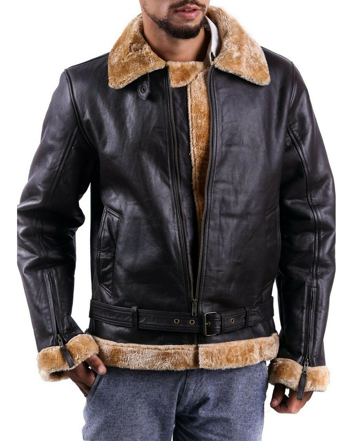 Men's Brown Fur Shearling Leather Jacket