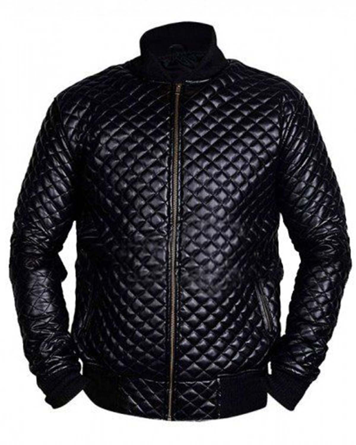 Mens Diamond Quilted Black Motorcycle Bomber Jacket