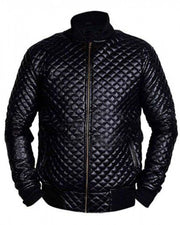 Mens Diamond Quilted Black Motorcycle Bomber Jacket
