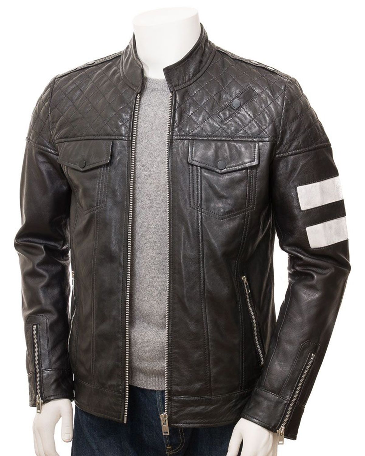 Men's Stand Collar Black Cafe Racer Biker Leather Jacket