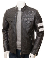 Men's Stand Collar Black Cafe Racer Biker Leather Jacket