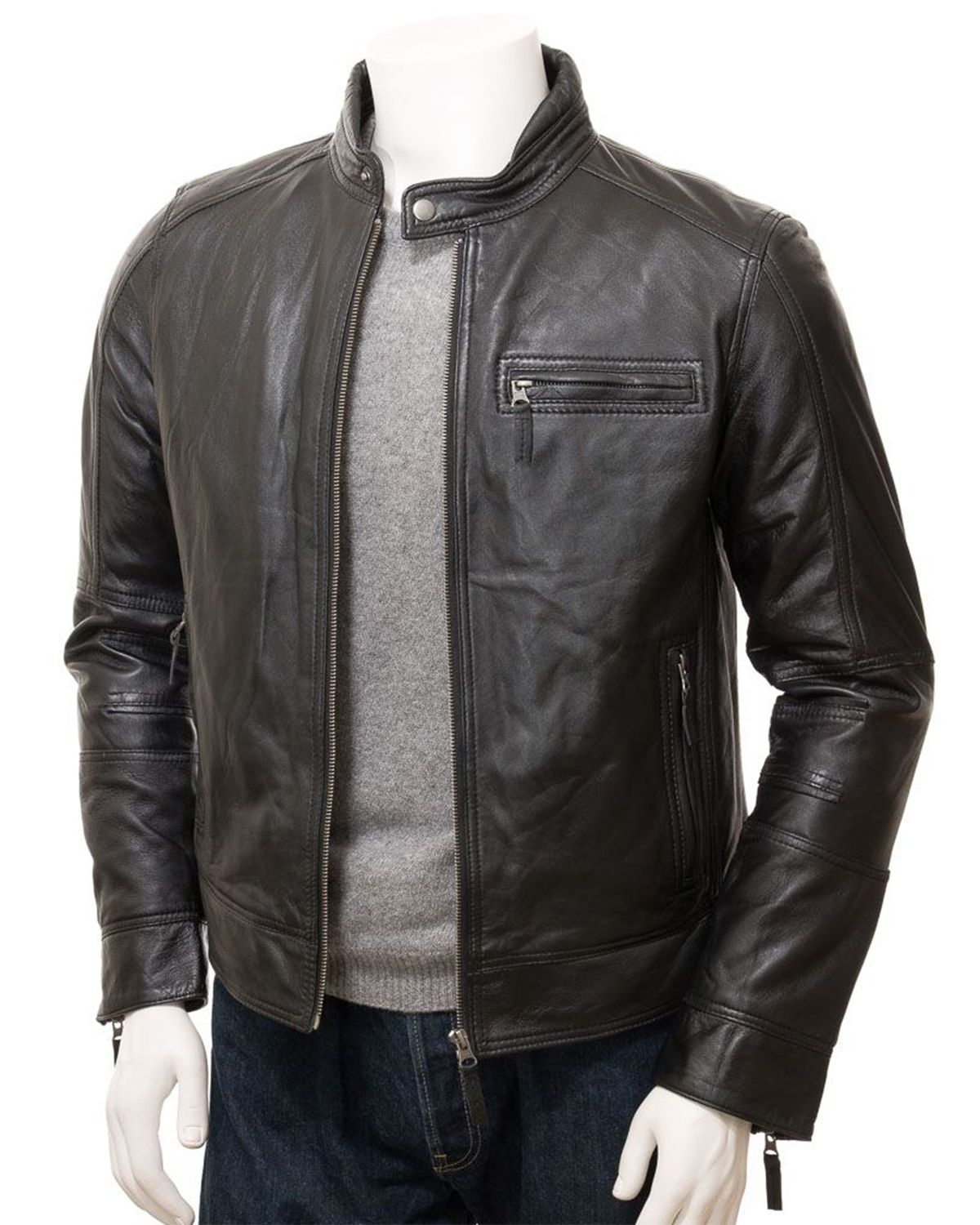 Men's Black Cafe Racer Motorcycle Leather Jacket